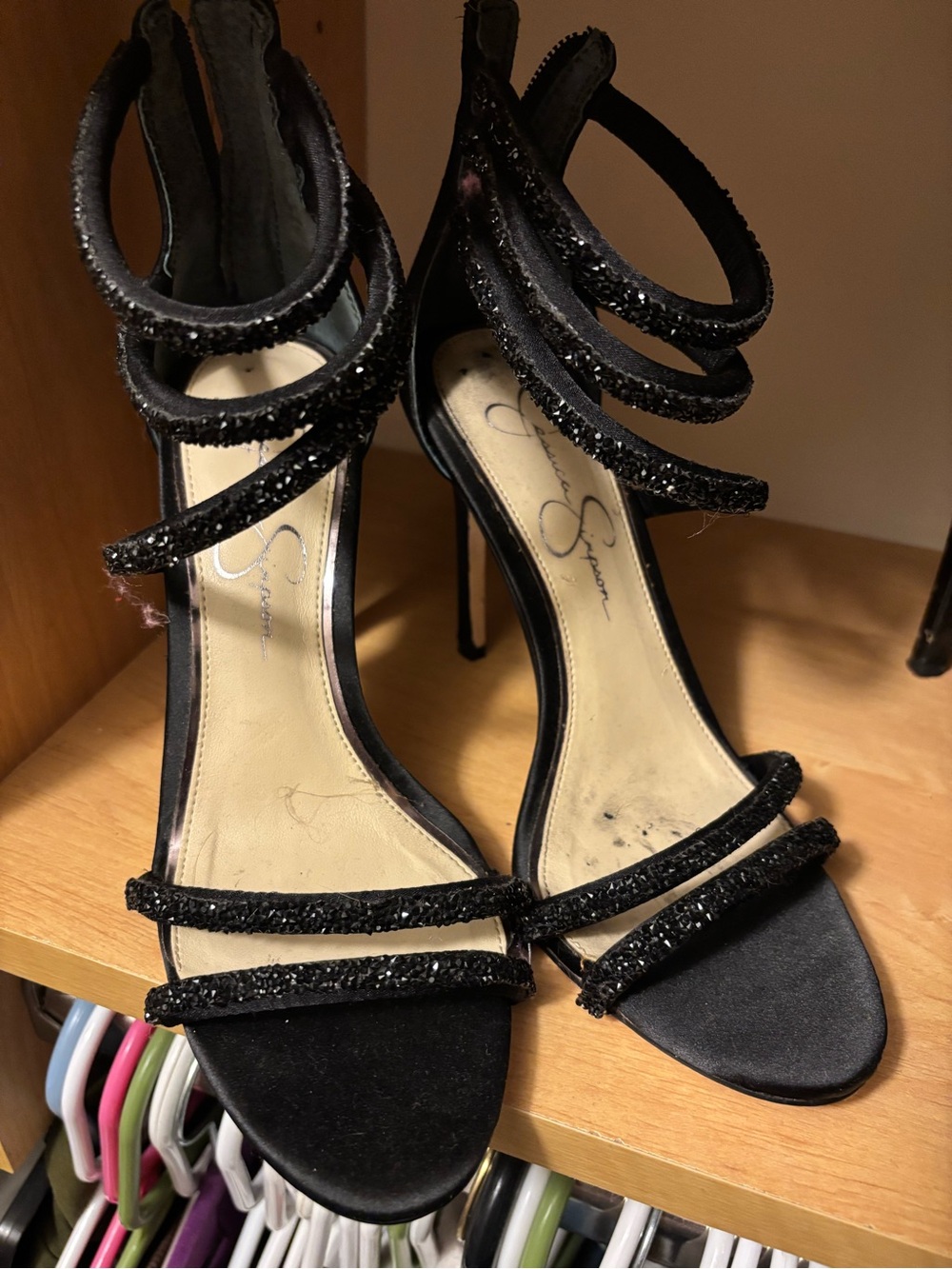 Jessica Simpson Black Glitter Multi-Strap Stiletto Sandals